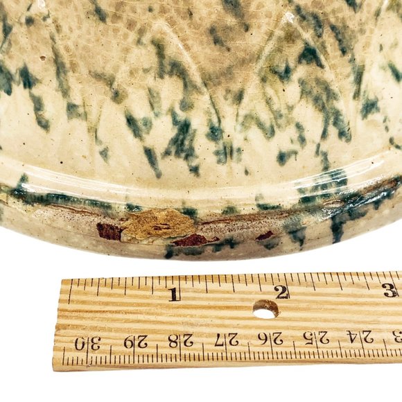 Antique Yellow Ware 8" Mixing Serving Bowl Green Spongeware Pottery Primitive - Picture 9 of 12